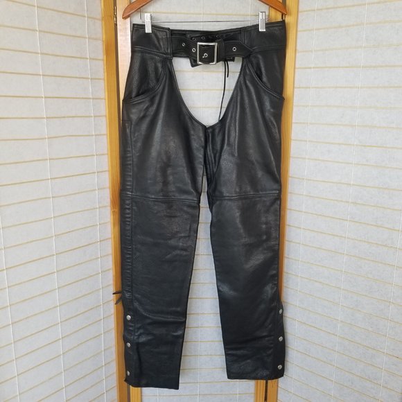 USA VINTAGE LEATHER MOTORCYCLE CHAPS. Uni-sex. Adjustable with pockets 20" thigh - Picture 14 of 16